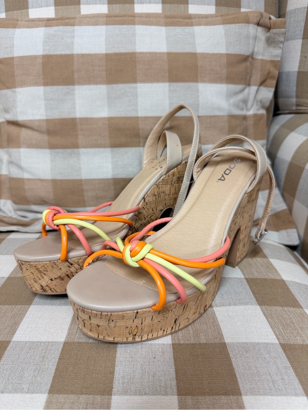 Beige Cork Platform Wedges with Orange, Pink & Yellow Knot Straps